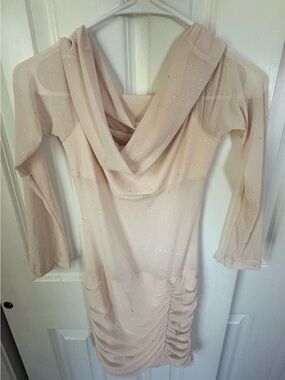 Sheer Sparkle Cowl Neck Long Sleeve Dress - Blush